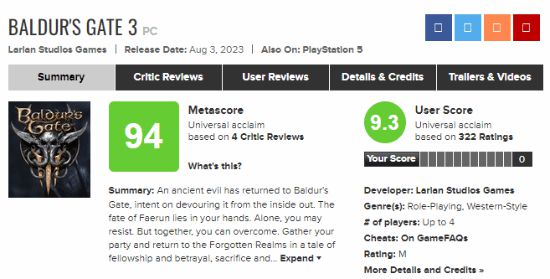《博德之门3》M站玩家评分9.3：有望竞争年度游戏！