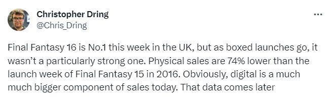 "最终幻想英国首周实体销量夺冠，成为畅销游戏？"