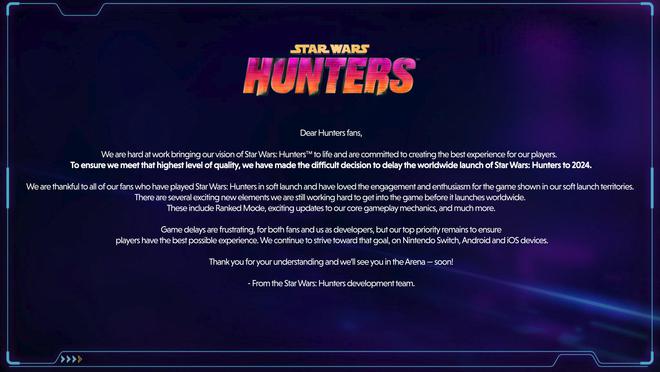 游戏新闻：免费游戏《星球大战：猎人》第三次延期，预计明年上市